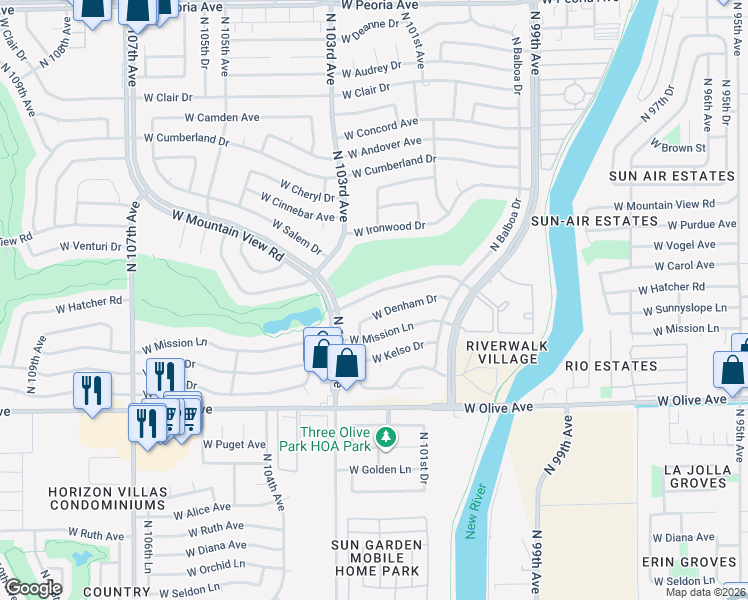 map of restaurants, bars, coffee shops, grocery stores, and more near 10130 West Mountain View Road in Sun City