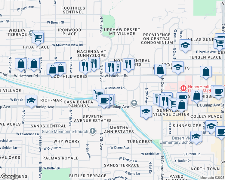 map of restaurants, bars, coffee shops, grocery stores, and more near 621 West Mission Lane in Phoenix