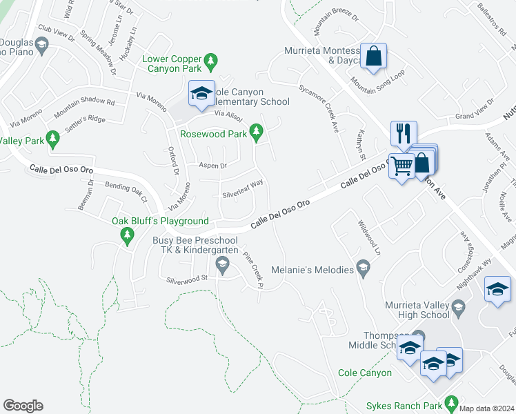 map of restaurants, bars, coffee shops, grocery stores, and more near 23941 Pepperleaf Street in Murrieta