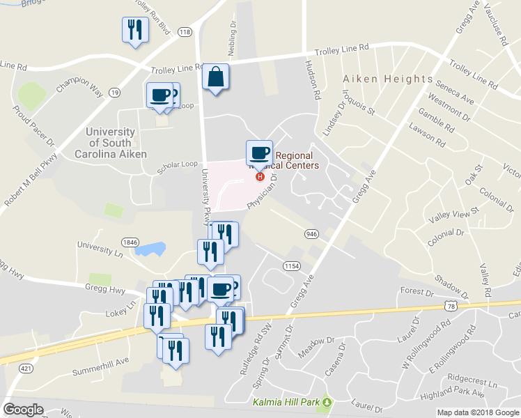 map of restaurants, bars, coffee shops, grocery stores, and more near 74 Physician Drive in Aiken