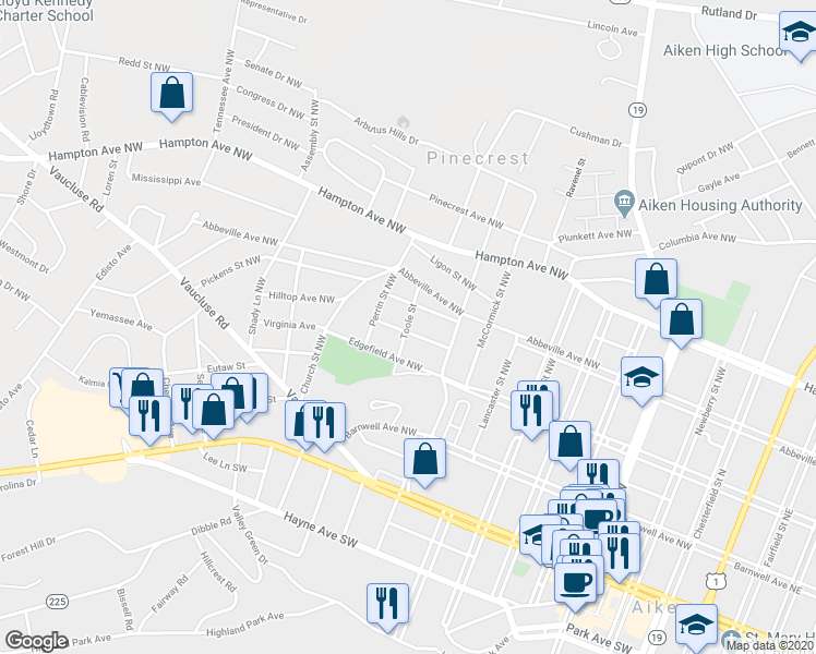 map of restaurants, bars, coffee shops, grocery stores, and more near 338 Toole Street in Aiken