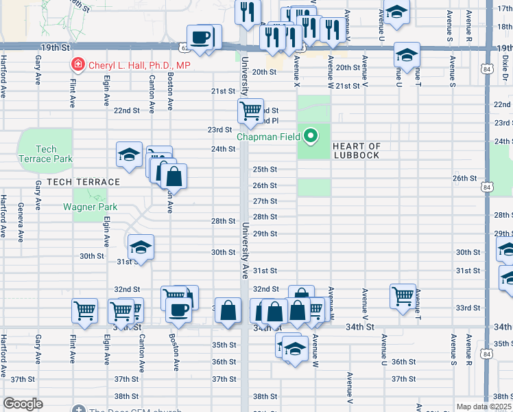 map of restaurants, bars, coffee shops, grocery stores, and more near 2428 27th Street in Lubbock