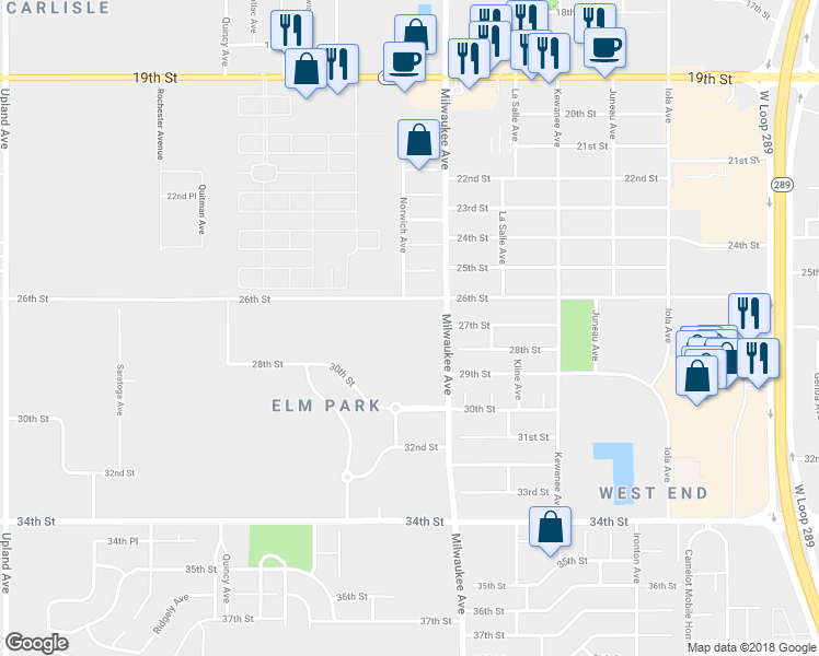 map of restaurants, bars, coffee shops, grocery stores, and more near 2610 Milwaukee Avenue in Lubbock
