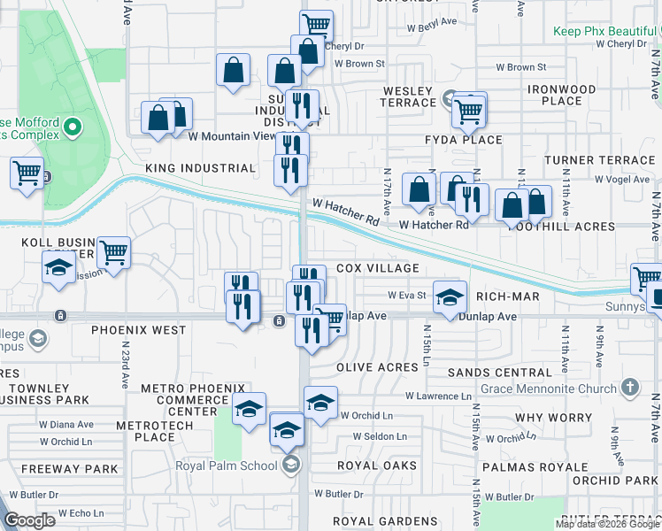 map of restaurants, bars, coffee shops, grocery stores, and more near 1820 West Sunnyslope Lane in Phoenix