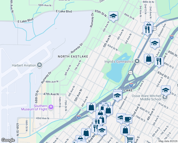 map of restaurants, bars, coffee shops, grocery stores, and more near 8037 6th Avenue North in Birmingham