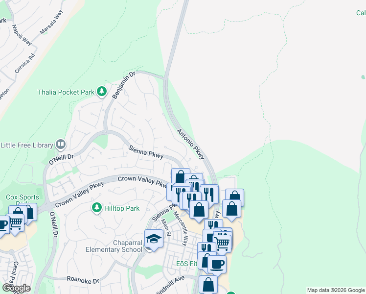 map of restaurants, bars, coffee shops, grocery stores, and more near 41 Blakemore Drive in Ladera Ranch