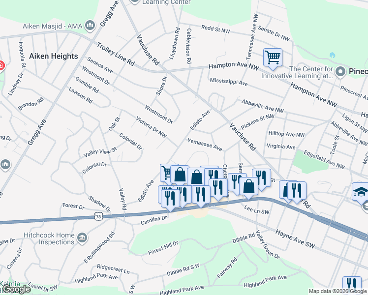 map of restaurants, bars, coffee shops, grocery stores, and more near 854 Edisto Avenue in Aiken