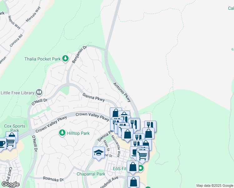 map of restaurants, bars, coffee shops, grocery stores, and more near 41 Blakemore Drive in Ladera Ranch