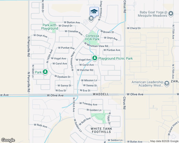 map of restaurants, bars, coffee shops, grocery stores, and more near 18158 West Hatcher Road in Waddell