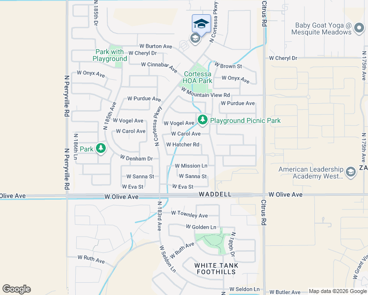 map of restaurants, bars, coffee shops, grocery stores, and more near 18248 West Hatcher Road in Waddell
