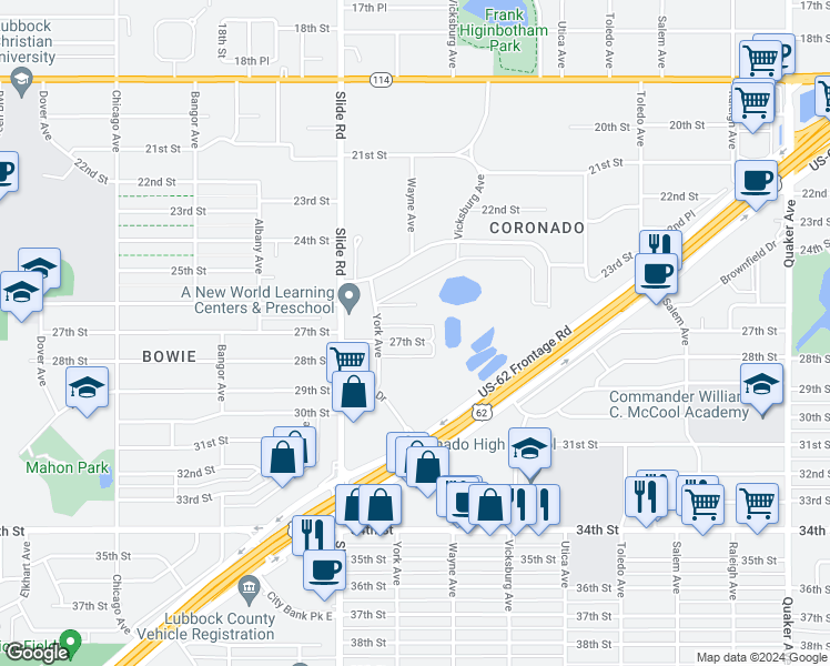 map of restaurants, bars, coffee shops, grocery stores, and more near 5018 27th Street in Lubbock