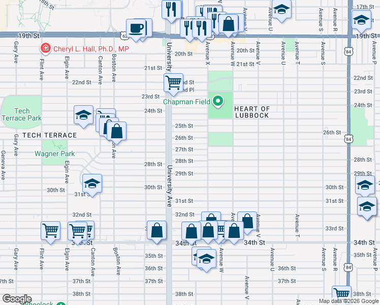 map of restaurants, bars, coffee shops, grocery stores, and more near 2410 27th Street in Lubbock