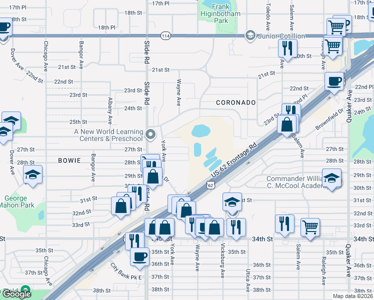 map of restaurants, bars, coffee shops, grocery stores, and more near 5004 27th Street in Lubbock