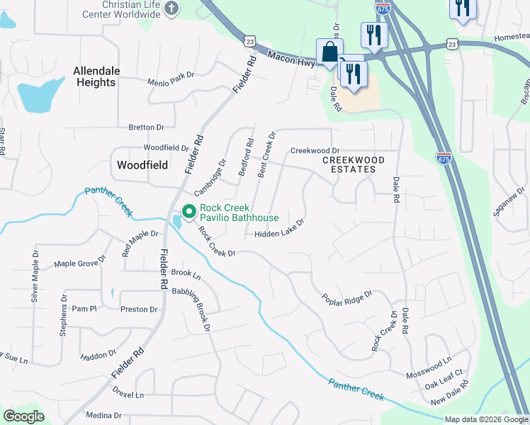 map of restaurants, bars, coffee shops, grocery stores, and more near 3164 Creekwood Drive in Rex