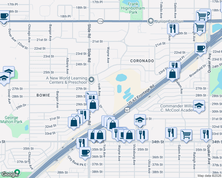 map of restaurants, bars, coffee shops, grocery stores, and more near 5004 27th Street in Lubbock