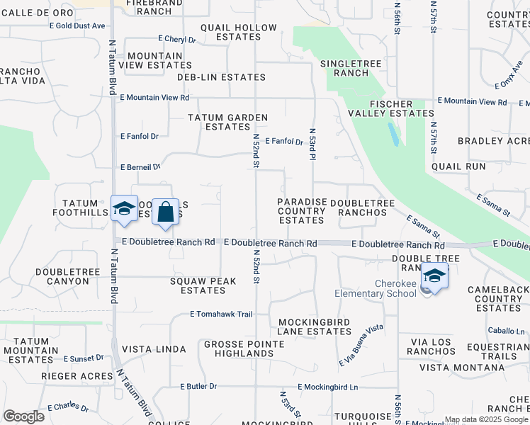 map of restaurants, bars, coffee shops, grocery stores, and more near 9201 North 52nd Street in Paradise Valley