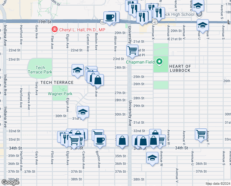 map of restaurants, bars, coffee shops, grocery stores, and more near 27th Street in Lubbock