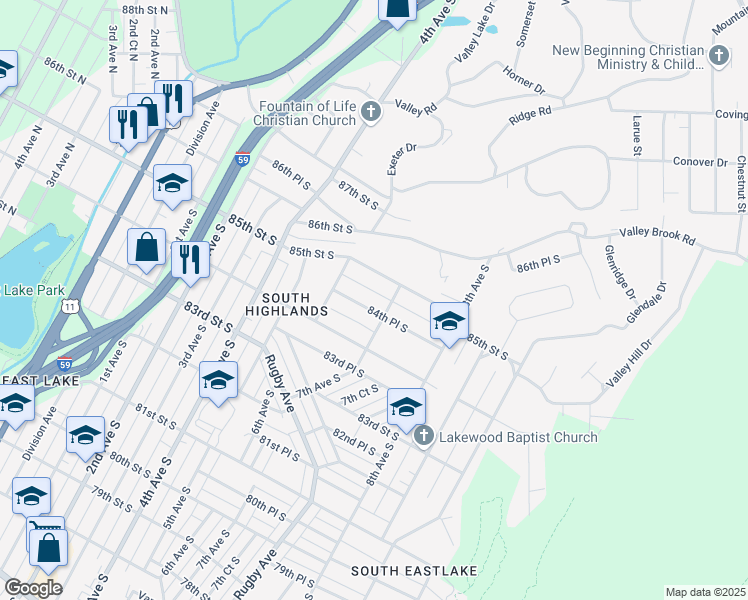 map of restaurants, bars, coffee shops, grocery stores, and more near 633 84th Place South in Birmingham