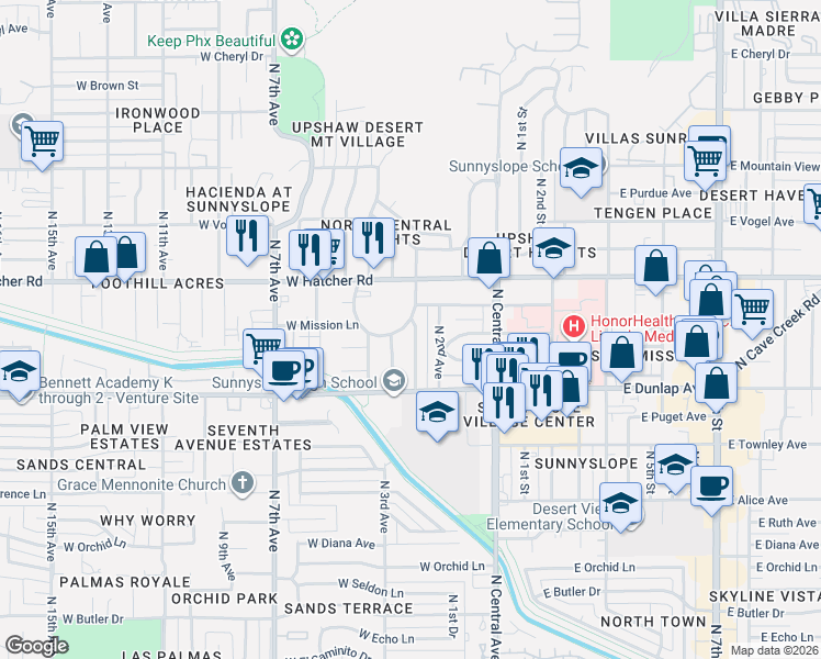map of restaurants, bars, coffee shops, grocery stores, and more near 9201 North 2nd Drive in Phoenix