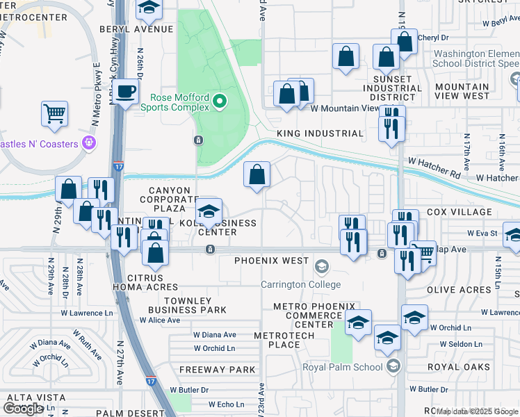 map of restaurants, bars, coffee shops, grocery stores, and more near 2234 West Mission Lane in Phoenix