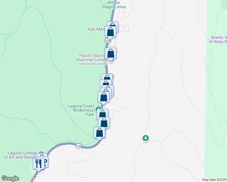map of restaurants, bars, coffee shops, grocery stores, and more near 21095 Raquel Road in Laguna Beach
