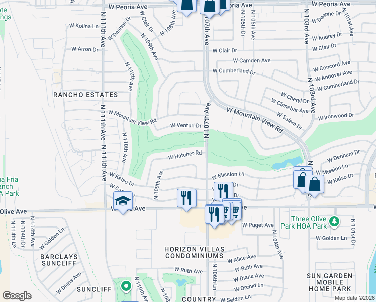map of restaurants, bars, coffee shops, grocery stores, and more near 10734 West Hatcher Road in Sun City