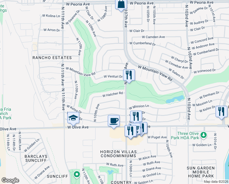 map of restaurants, bars, coffee shops, grocery stores, and more near 10734 West Hatcher Road in Sun City