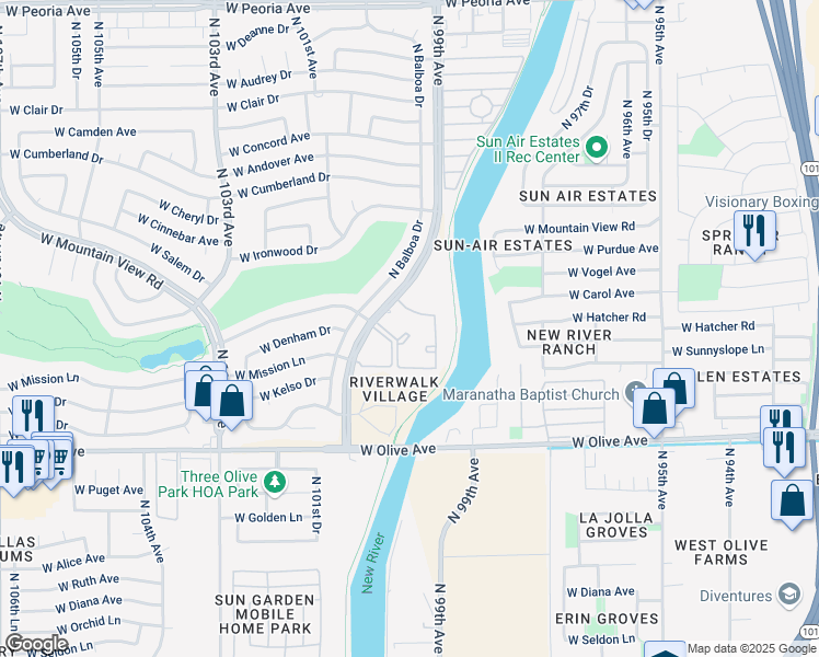 map of restaurants, bars, coffee shops, grocery stores, and more near 9415 North 99th Avenue in Sun City