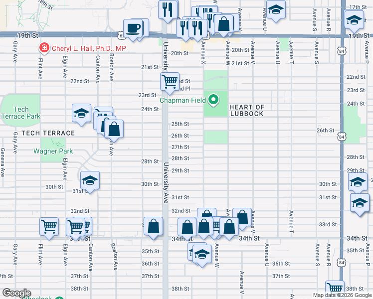 map of restaurants, bars, coffee shops, grocery stores, and more near 2410 27th Street in Lubbock