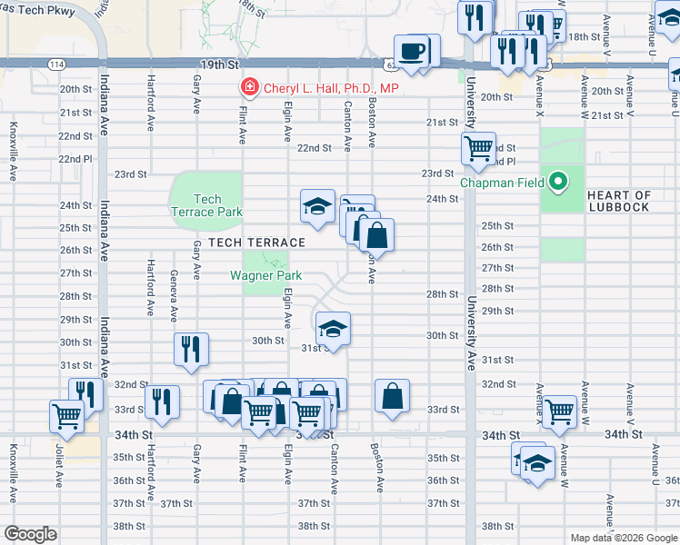 map of restaurants, bars, coffee shops, grocery stores, and more near 2808 27th Street in Lubbock