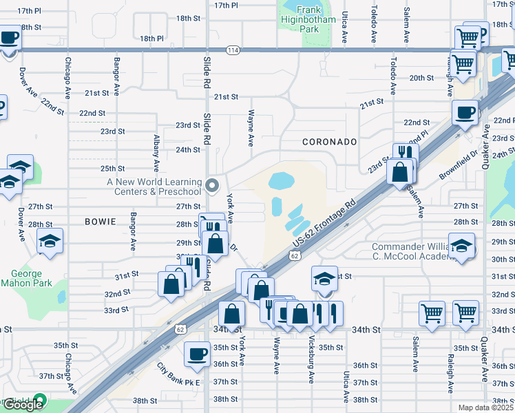 map of restaurants, bars, coffee shops, grocery stores, and more near 5004 27th Street in Lubbock