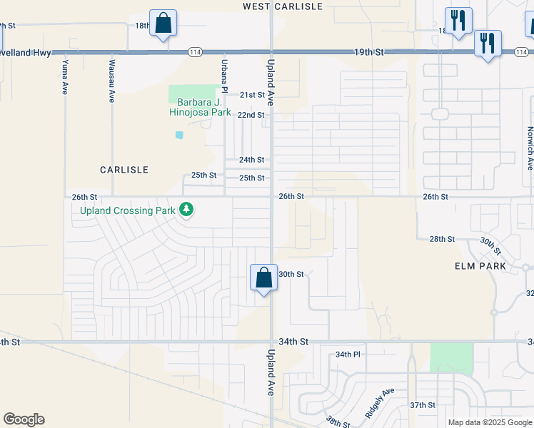 map of restaurants, bars, coffee shops, grocery stores, and more near 2602 Upland Avenue in Lubbock