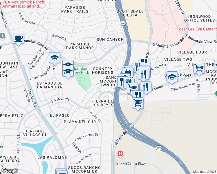 map of restaurants, bars, coffee shops, grocery stores, and more near 8769 East San Rafael Drive in Scottsdale