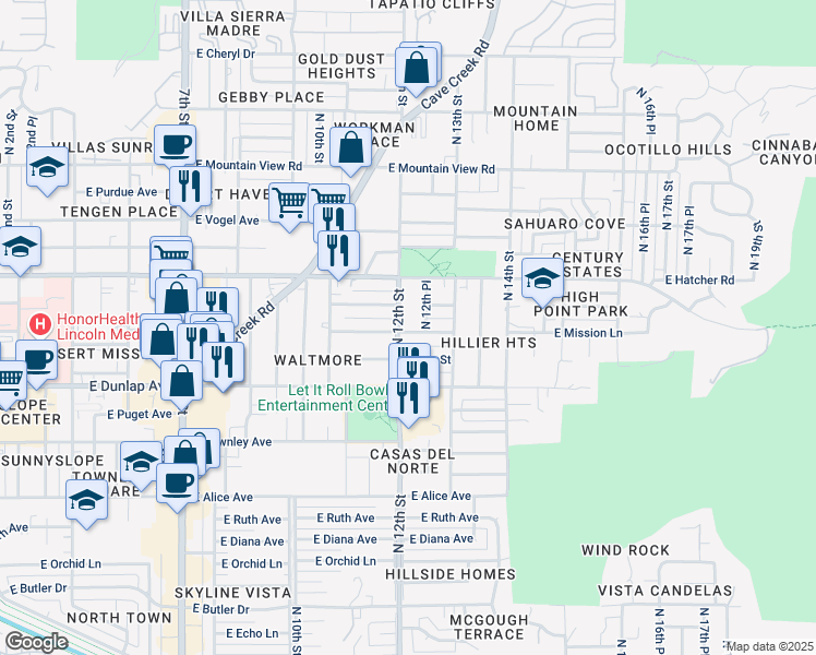 map of restaurants, bars, coffee shops, grocery stores, and more near 9212 North 12th Place in Phoenix