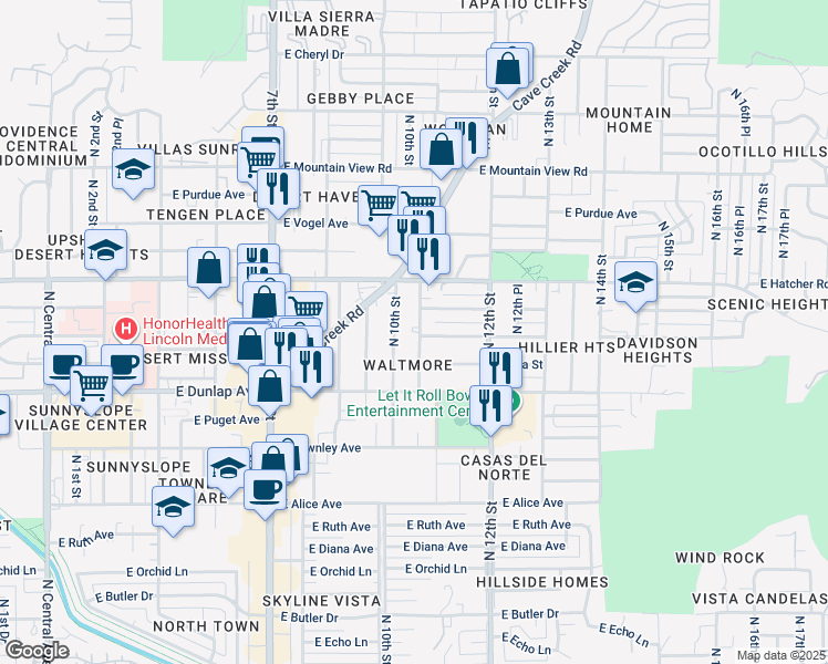 map of restaurants, bars, coffee shops, grocery stores, and more near 9213 North 11th Street in Phoenix