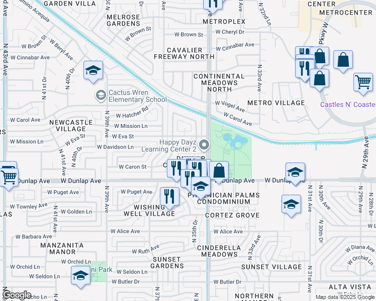 map of restaurants, bars, coffee shops, grocery stores, and more near 3607 West Davidson Lane in Phoenix