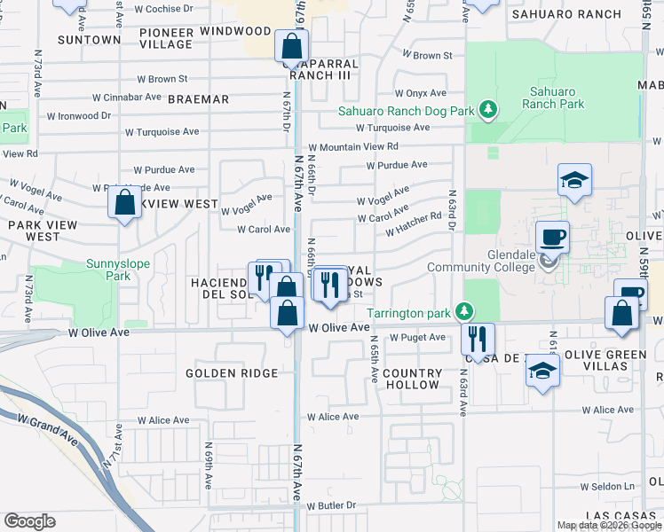 map of restaurants, bars, coffee shops, grocery stores, and more near 6607 West Sunnyslope Lane in Glendale