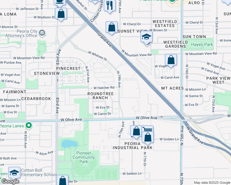 map of restaurants, bars, coffee shops, grocery stores, and more near 7957 West Hatcher Road in Peoria