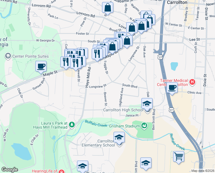 map of restaurants, bars, coffee shops, grocery stores, and more near 650 Longview Street in Carrollton