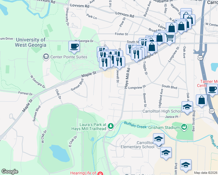 map of restaurants, bars, coffee shops, grocery stores, and more near 146 Bowen Street in Carrollton