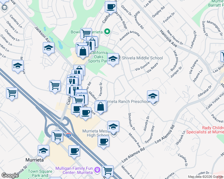 map of restaurants, bars, coffee shops, grocery stores, and more near 40597 Symphony Park Lane in Murrieta