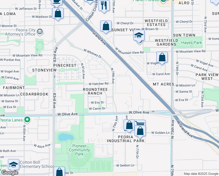map of restaurants, bars, coffee shops, grocery stores, and more near 7957 West Hatcher Road in Peoria