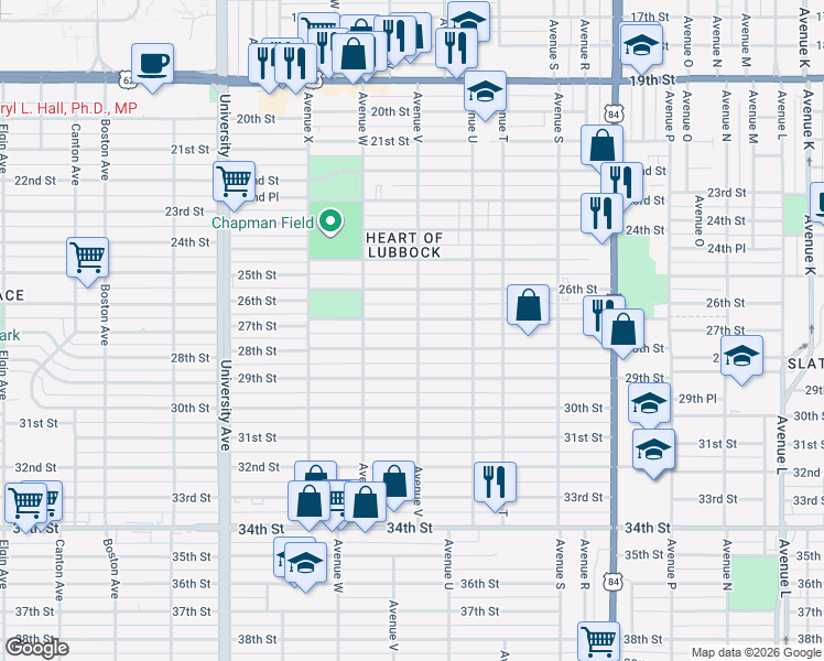 map of restaurants, bars, coffee shops, grocery stores, and more near 2203 27th Street in Lubbock
