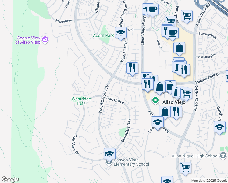 map of restaurants, bars, coffee shops, grocery stores, and more near 22702 Pacific Park Drive in Aliso Viejo