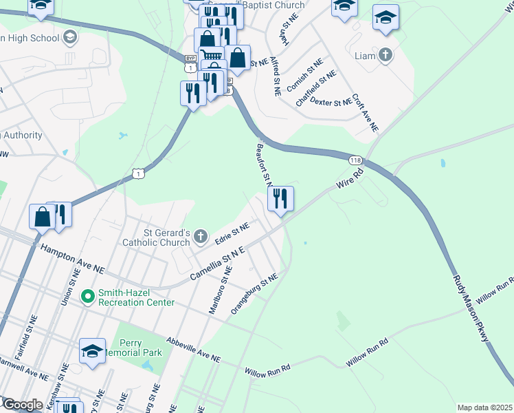 map of restaurants, bars, coffee shops, grocery stores, and more near 723 Edrie Street Northeast in Aiken