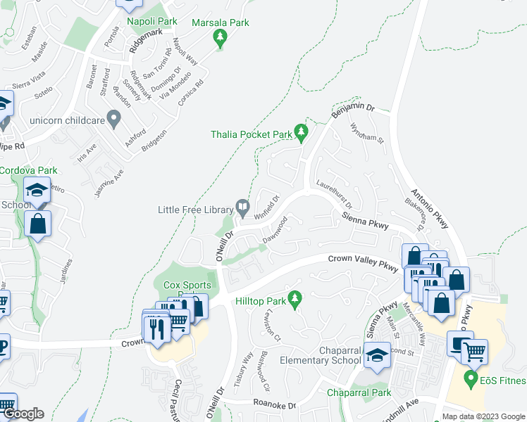 map of restaurants, bars, coffee shops, grocery stores, and more near 25 Winfield Drive in Ladera Ranch