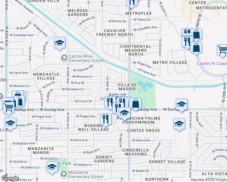 map of restaurants, bars, coffee shops, grocery stores, and more near 3607 West Davidson Lane in Phoenix