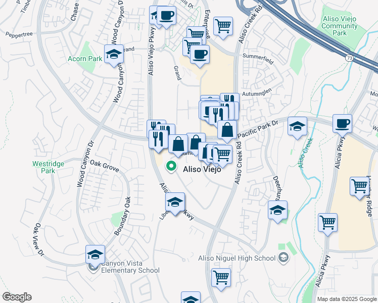 map of restaurants, bars, coffee shops, grocery stores, and more near 3 Journey in Aliso Viejo