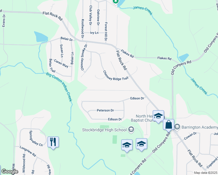 map of restaurants, bars, coffee shops, grocery stores, and more near 100 Hickory Drive in Stockbridge