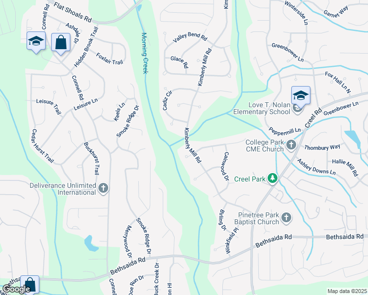 map of restaurants, bars, coffee shops, grocery stores, and more near 6809 Kimberly Mill Road in College Park